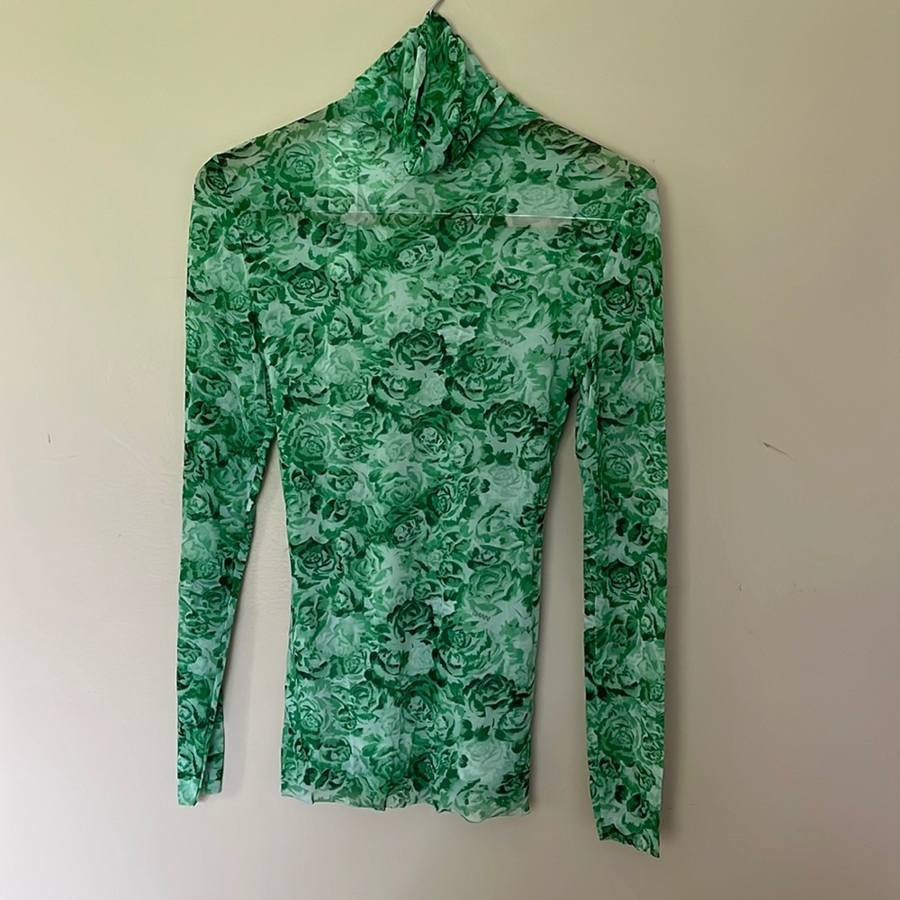 NWT Ganni Green Mesh Long Sleeved Turtleneck, L.